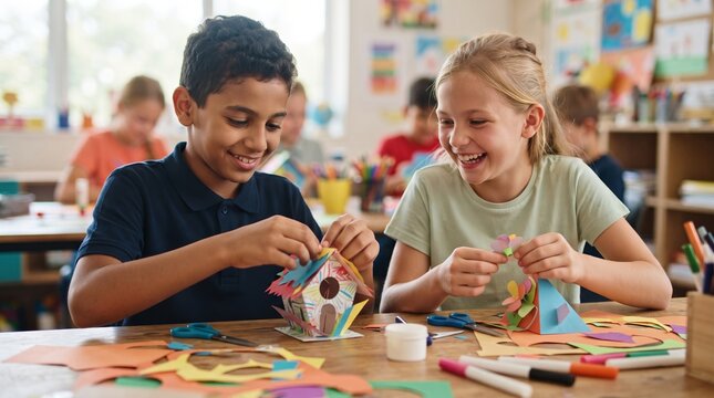 Happy boy and girl making paper crafts together in school classroom. Kids doing creative art project with colored paper, scissors and