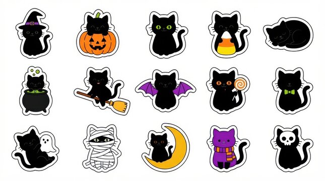 Cute halloween black cat sticker set isolated on white background