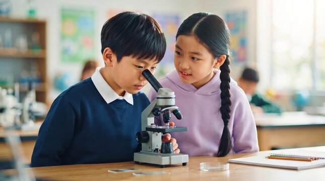 Asian boy and girl looking through microscope during science lesson in classroom. Kids studying biology together at school. Children education, curiosity and teamwork in elementary science class