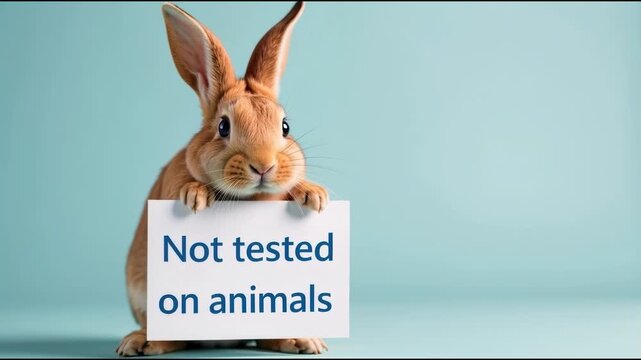 A rabbit holding a sign with the message 'not tested on animals'