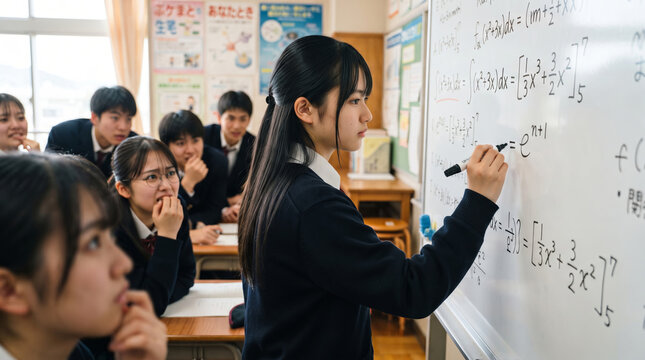 Asian schoolgirl solving math problem on whiteboard in classroom. Teenage students watching classmate writing equation during math lesson. School education, learning and student life concept