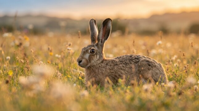Hare in a Field at Sunrise: A hare sits calmly amidst a meadow filled with wildflowers and dry grass, bathed in the warm, golden light of early morning.