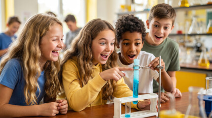 Fototapeta premium Excited kids doing chemistry experiment with test tube in school science classroom. Happy children watching colorful liquid reaction during chemistry