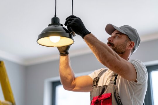 Professional electrician in overall uniform installing light bulb into ceiling lamp. Home repair. Qualified handyman providing maintenance service fixing illumination in modern residential apartment.