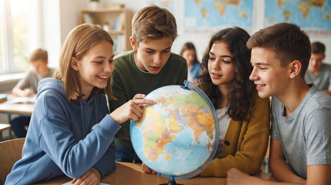 Group of teenage students studying globe together in classroom. Girl pointing at world map on globe during geography lesson. School education, teamwork and learning concept for secondary school