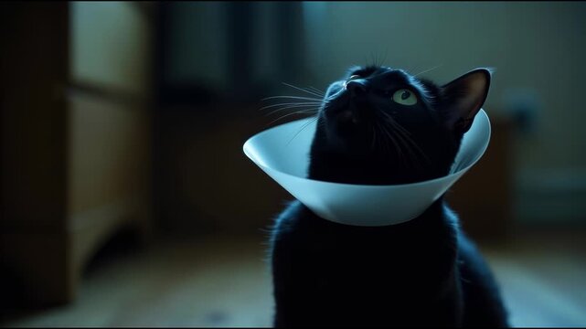 A black cat with a distinctive white collar around its neck