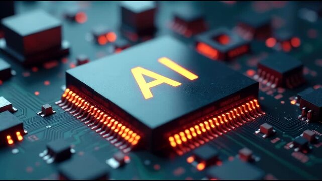 A close-up of a computer chip on a circuit board, ideal for tech-related projects or s