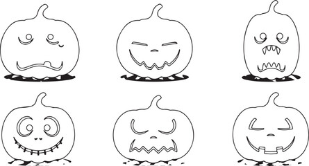 Fototapeta premium Set of six carved jack o' lanterns with funny and spooky facial expressions for Halloween design