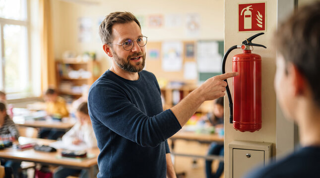 Male teacher pointing at fire extinguisher while explaining fire safety rules to student in classroom. School safety education and emergency preparedness training concept for kids