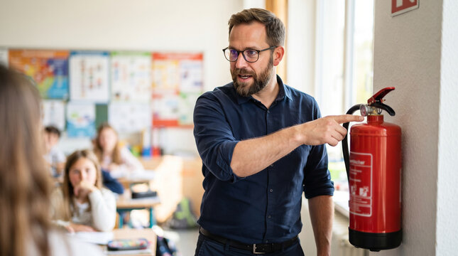 Male teacher pointing at red fire extinguisher explaining fire safety to students in classroom. School safety education and emergency preparedness training concept for children education