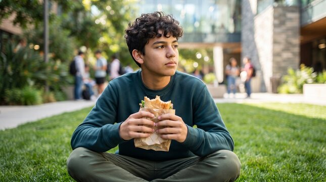 Teenage boy student eating sandwich on school campus lawn. Young man having lunch break outdoors on green grass. School life, education and healthy food concept for teens and university lifestyle