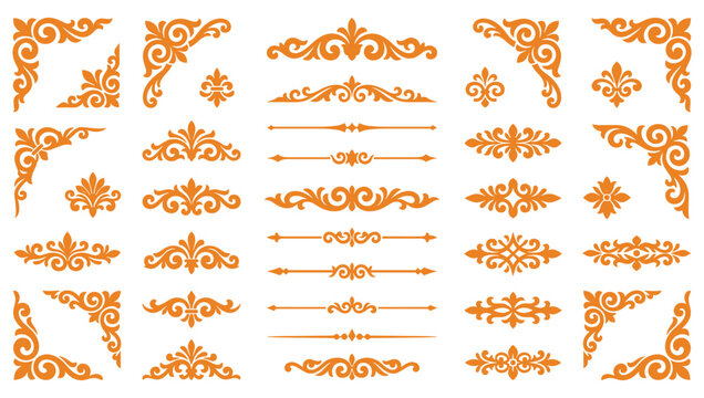 Elegant golden orange scroll borders and classic design elements pack.