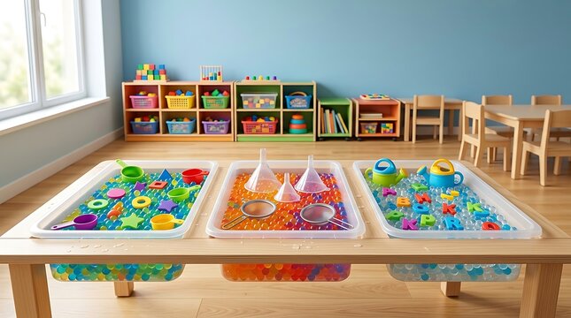 Preschool sensory learning table with colorful water beads and toys