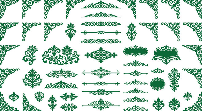 Vintage emerald green ornamental frames and flourishes for luxury brand