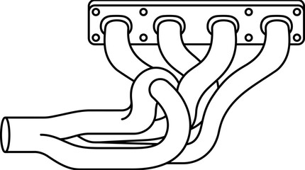 Naklejka premium A black and white line art illustration of a four cylinder automotive exhaust header.