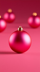 Obraz premium Red Christmas bauble on a vivid pink background with blurred red ornaments and soft lighting, bold monochromatic holiday composition with copy space. 