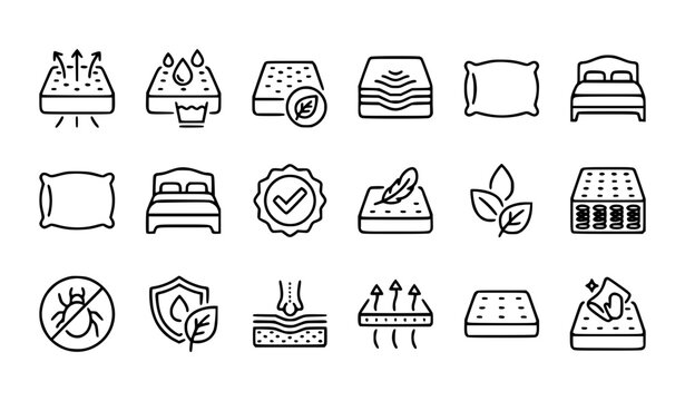 Mattress Features and Bedding Care Line Icons Set Vector Illustration