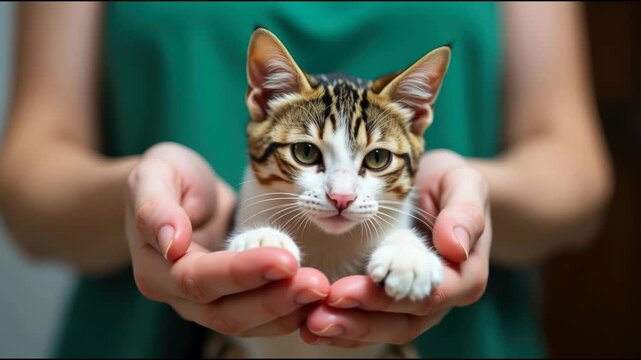 A person cradling a kitten in their hands, a sweet and tender moment