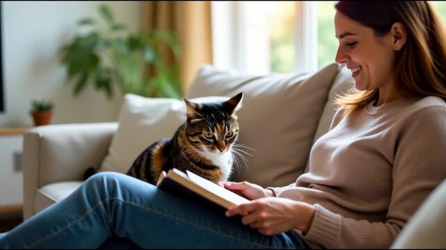 A woman sitting on a couch with a cat on her lap, domestic scene