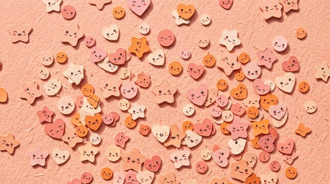Colorful kawaii stickers with hearts and stars on pink background