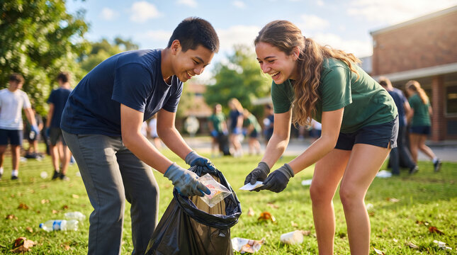 Teenage students cleaning up litter on school lawn. Asian boy and caucasian girl with gloves collecting trash into bag. Volunteer teamwork and ecology education for community activity concept