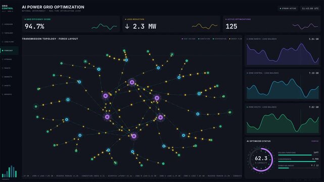 Explore a cinematic 4K dark-mode AI power grid optimization dashboard featuring glowing nodes, interactive graphs, and real-time load balancing visualizations with a modern aesthetic.
