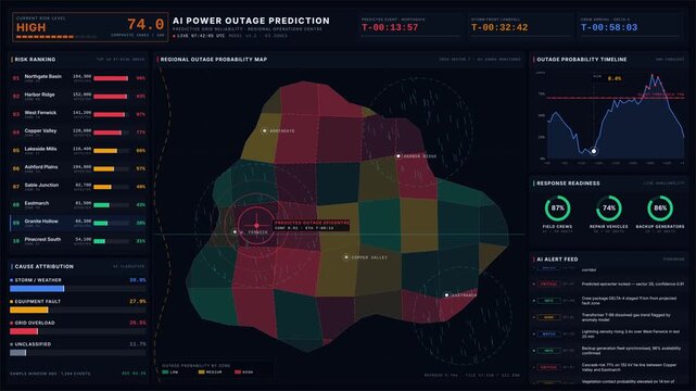 A high-stakes operational dashboard visualizes AI-powered predictions for power outages with geographic risk zones, alerts, and response readiness indicators in vibrant colors.