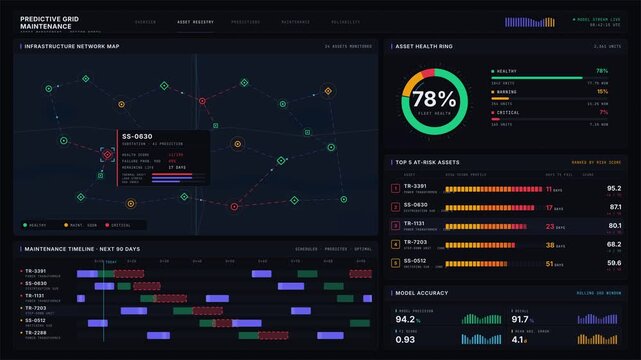 Explore a detailed 4K predictive grid maintenance dashboard featuring a geographic map, asset health metrics, and maintenance timeline with vibrant colors and dynamic animations.