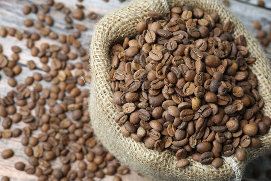 coffee beans in a linen sack