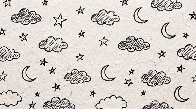 Hand-drawn clouds stars and moon on textured paper background