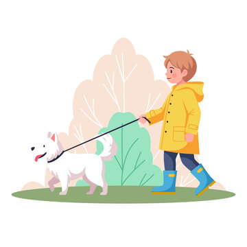Cute boy walking white dog in raincoat outdoors happy child pet owner vector illustration