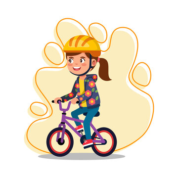 Cute girl riding purple bicycle wearing safety helmet active child outdoor recreation vector illustration