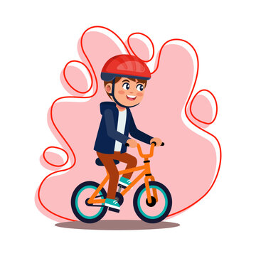 Happy boy riding bicycle wearing safety helmet active young child cycling outdoor vector illustration