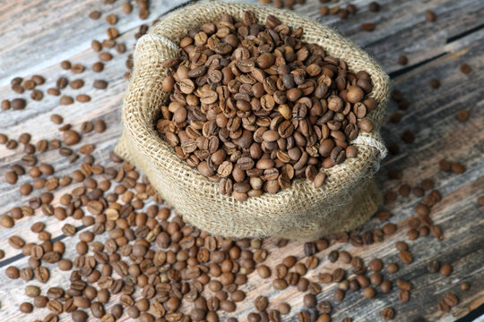 coffee beans in a linen sack