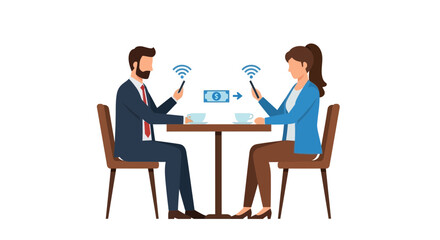 Obraz premium Online Money Transfer and Mobile Payment Concept: Man and Woman Using Smartphones at a Cafe