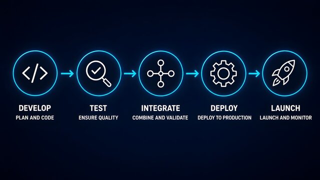 Software development life cycle process diagram with glowing neon icons for develop test integrate deploy and launch stages