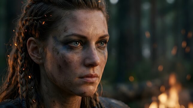 Battle-worn female warrior portrait in a dark forest.