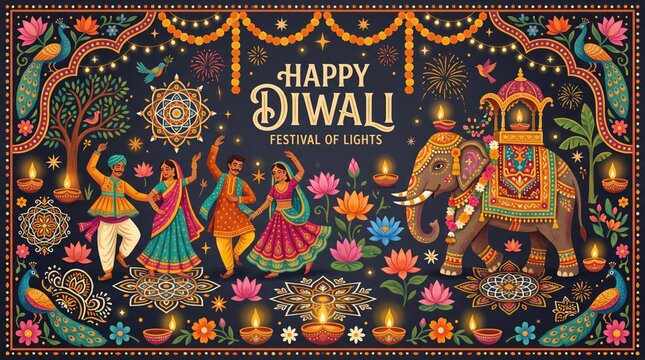 Happy Diwali banner design with dancing people elephant and festive decorations on dark background