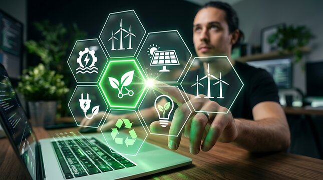 Engineer touching green energy interface on laptop for sustainable power management solutions