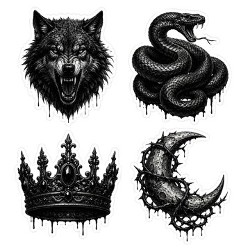 Black gothic sticker set with wolf snake crown and thorn crescent moon