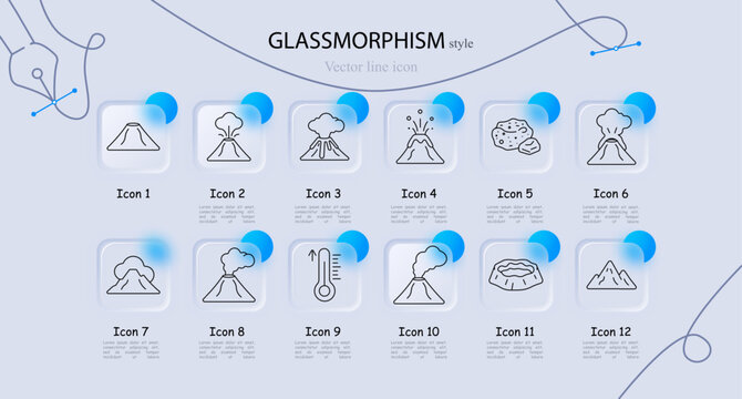Volcano eruption set icon. Glass frames exhibit quiet, erupting peak, cloudy , exploding, flying rocks, smoking, ash cloud, steaming volcano, rising thermometer