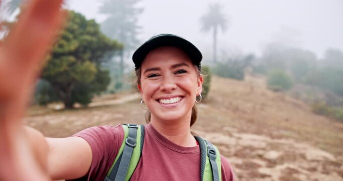 Face, woman and selfie for hiking outdoor of photography, adventure vlog and social media post. Smile, influencer and recording video for live streaming, show destination and travel journey in nature