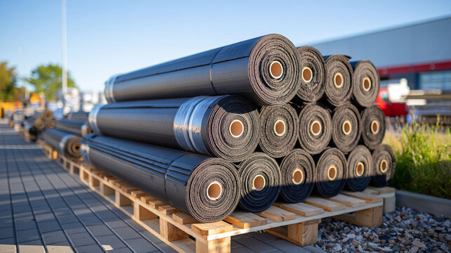 Large rolls of bituminous roofing material stacked neatly on wooden pallets outdoors at a construction materials yard, dark textured surfaces with visible rolled edges, protective packaging, clear b