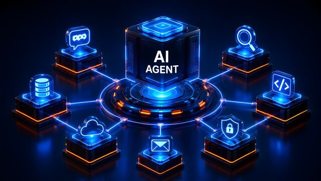 Artificial intelligence agent server core with glowing network nodes connecting database search and security protocols