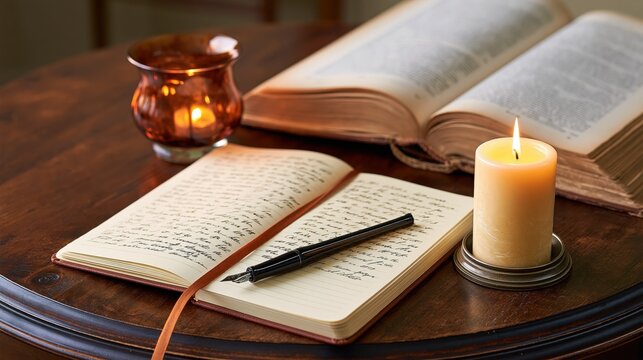 Candlelit journal and antique book create a cozy, reflective atmosphere