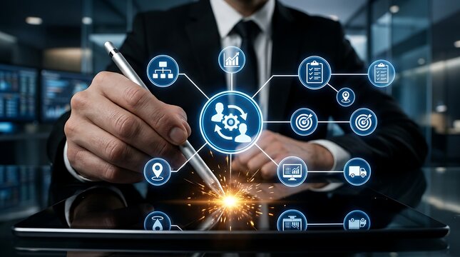 Businessman using digital tablet with virtual business process management interface icons.