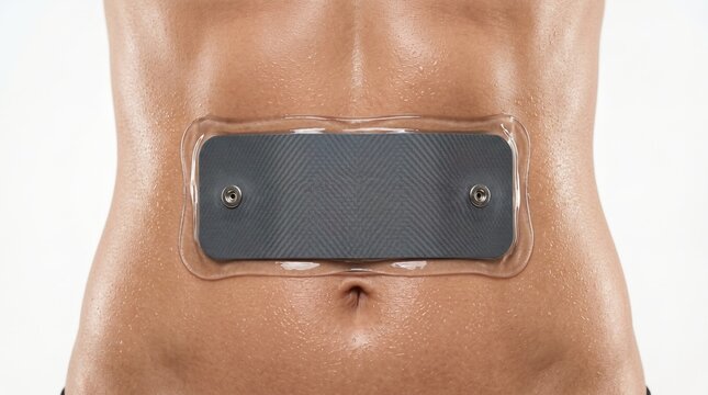 Electronic muscle stimulation ems pad applied with gel patch on athletic sweaty abdomen for passive fitness workout and muscle toning