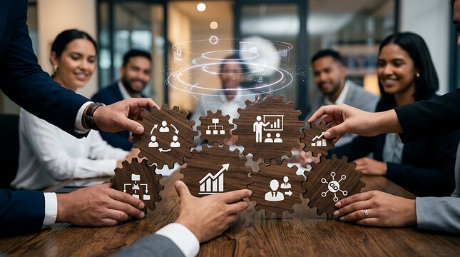 Diverse business team assembling wooden gear wheels with digital corporate icons.