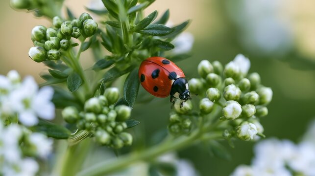 A vibrant red ladybug with black spots perches delicately on green stems beside small white flowers in a sunlit garden