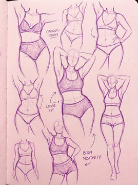 Sketchbook page with various female figure croquis studies showing different body types and poses in lingerie and sportswear